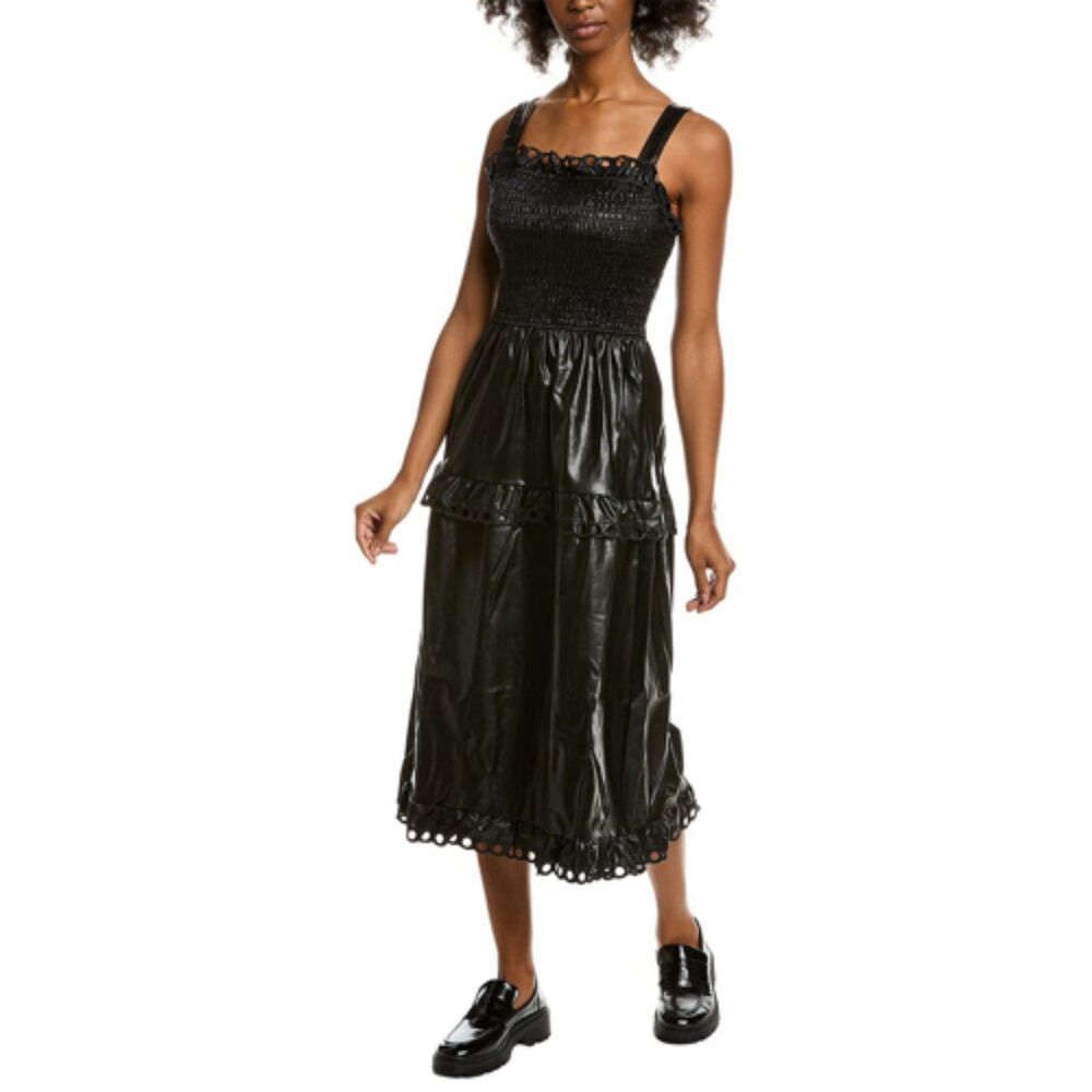 NWT Stellah Faux Leather Eyelet-Trimmed Midi Dress Womens Size XS